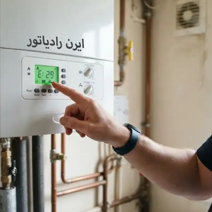 تعمیرکار در حال بررسی ارور پکیج ایران رادیاتور در مشهد