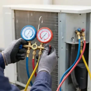 گیج فشار متصل به سیستم تبرید کولر گازی برای بررسی فشار مبرد و عیب‌یابی کاهش سرمایش